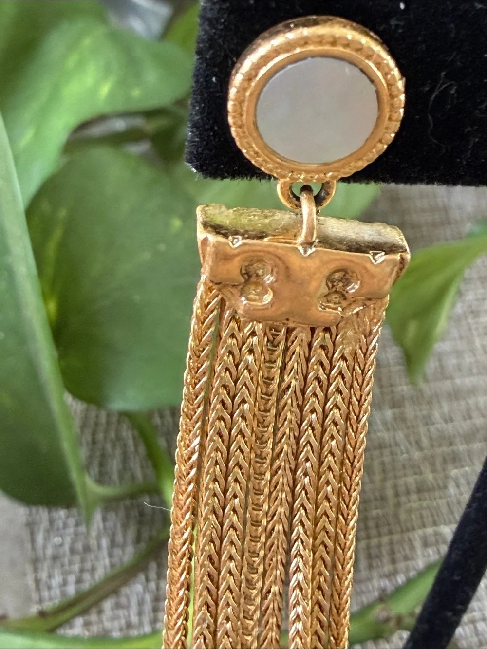 Tory Burch Dramatic Gold ChainTassel Earrings MOP Cabochon Pierced/Post